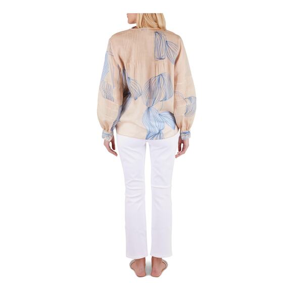 Lafayette 148 Eliza Dune & Light Blue Leaf Print Peasant Blouse | Size XS - Picture 5 of 8